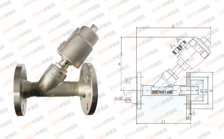 气动不锈钢头法兰角座阀结构图